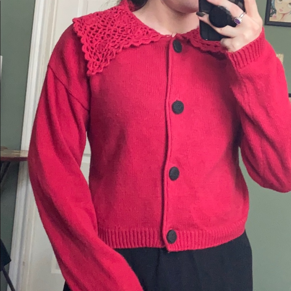 (CLOSET CLOSING FINAL SALE) Vintage Red Sweater with Giant Crochet Collar